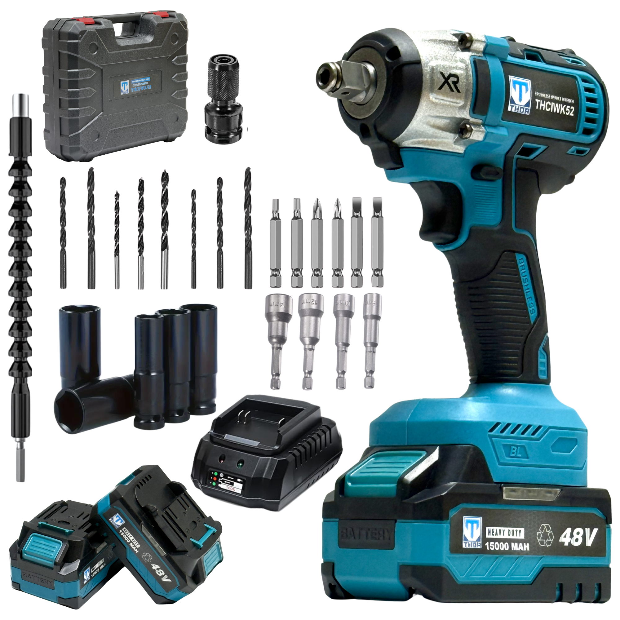 THOR 48V Brushless Cordless Impact Wrench THCIWK52 | 450Nm Torque, 4-in-1, 1/2" Drive, Dual 5Ah Battery, Socket Set, Drill Bits & BMC Case