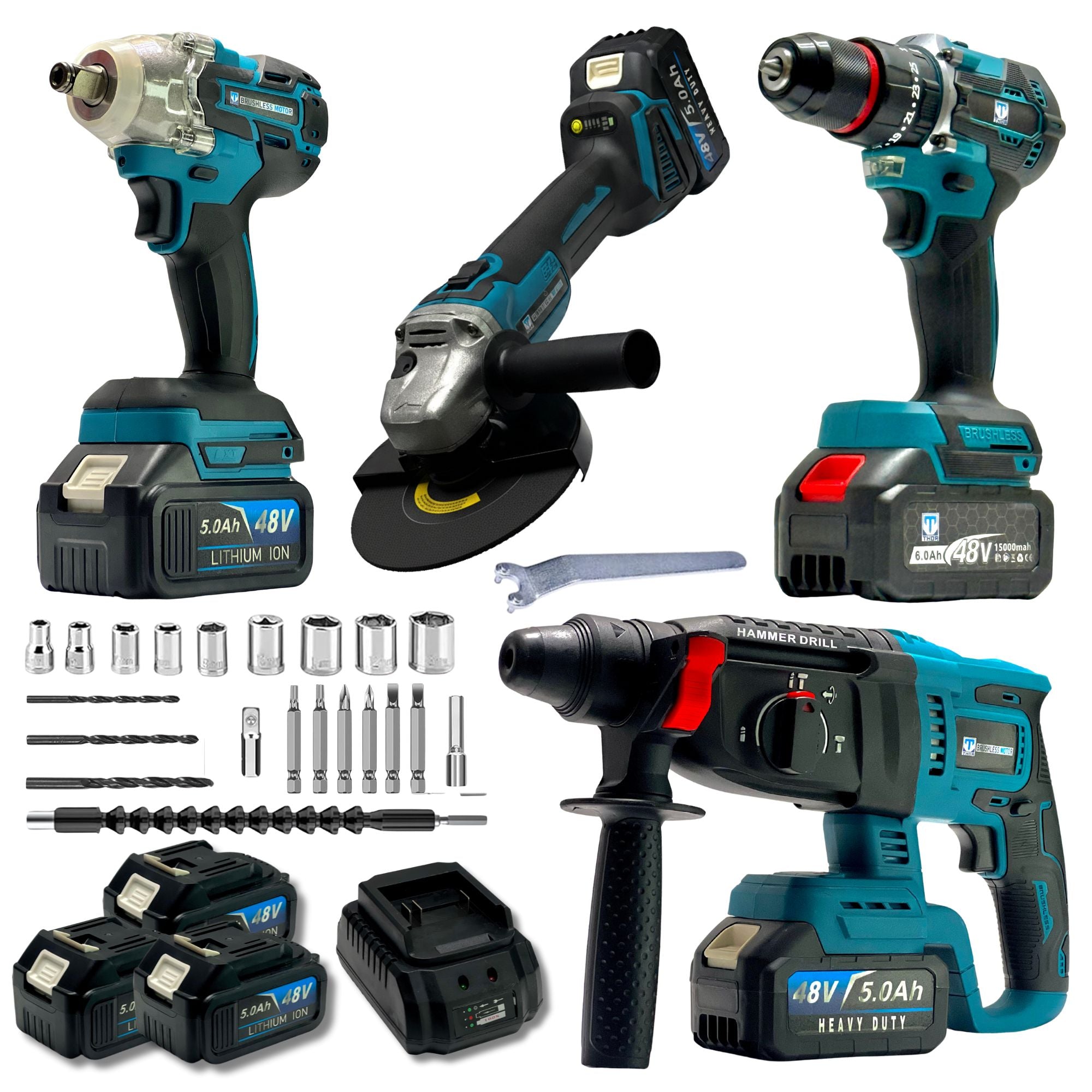 THOR 4-Tool Cordless Power Tool Combo Kit, 10mm Drill, Angle Grinder, 1/2-inch Impact Wrench, Rotary Hammer, 3x 5.0Ah Batteries, Fast Charger, Brushless Motors, BMC Box, High Quality