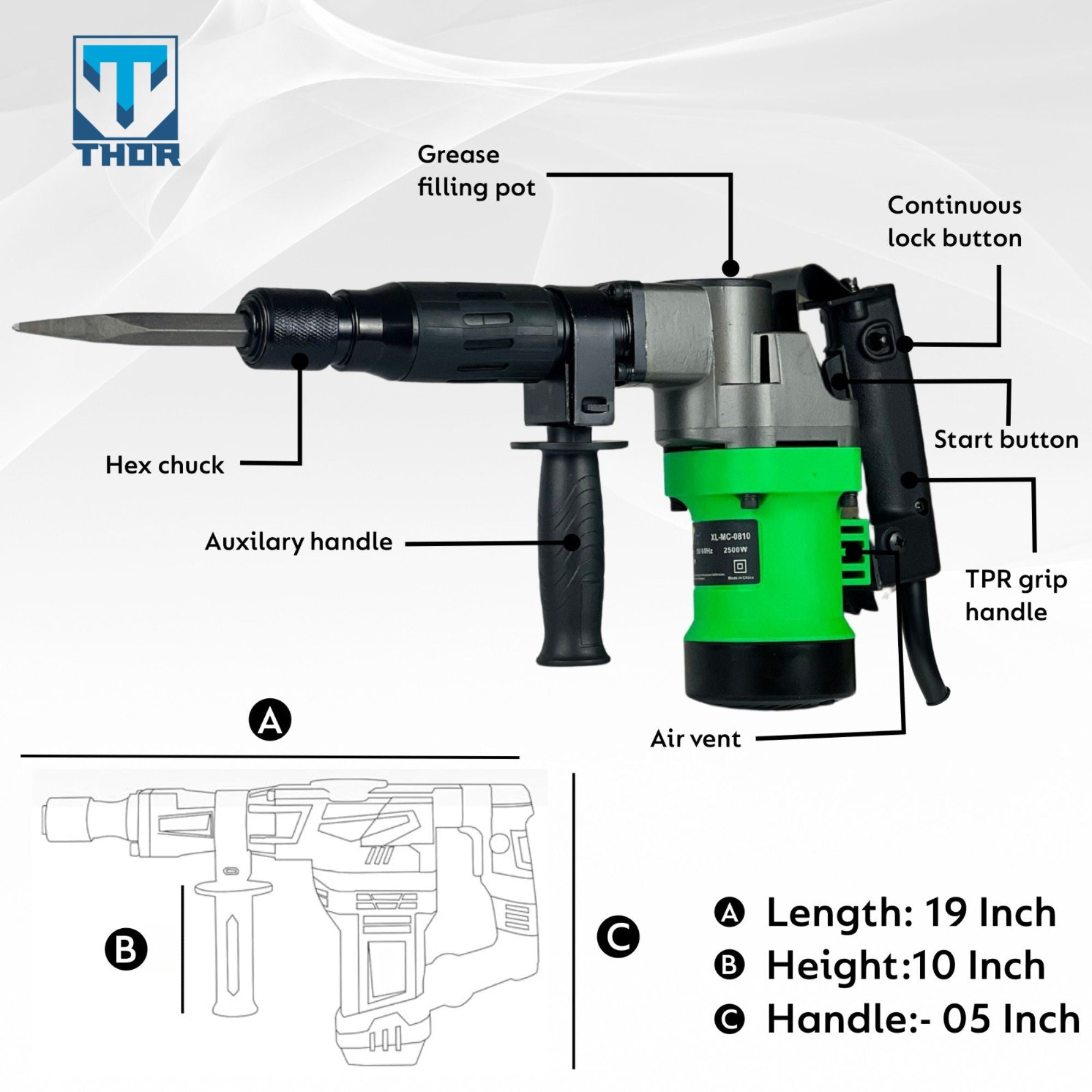 THOR 5KG Demolition Hammer THDH37 - 2000W Electric Breaker for Concrete Breaking & Demolition