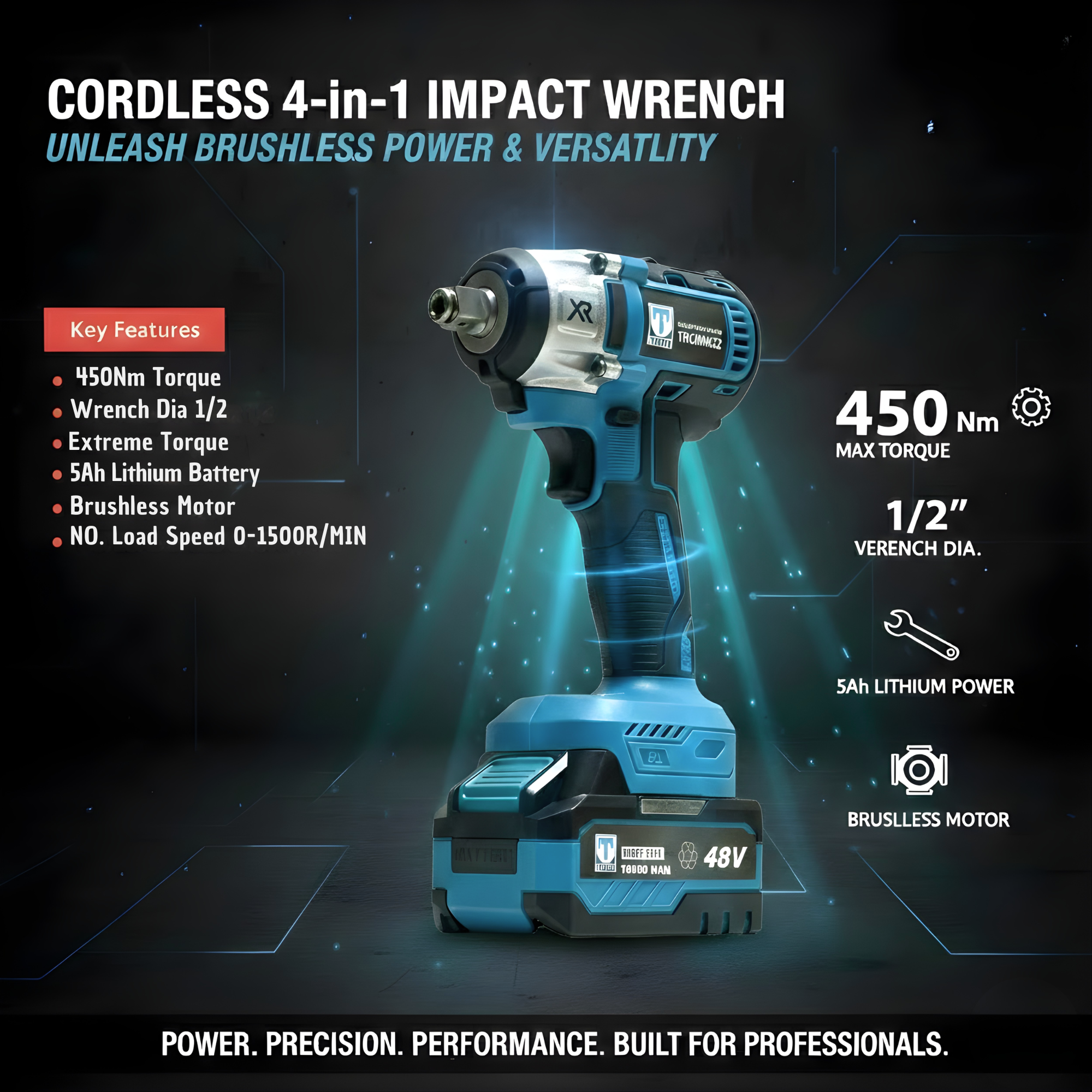 THOR 48V Brushless Cordless Impact Wrench THCIWK52 | 450Nm Torque, 4-in-1, 1/2" Drive, Dual 5Ah Battery, Socket Set, Drill Bits & BMC Case