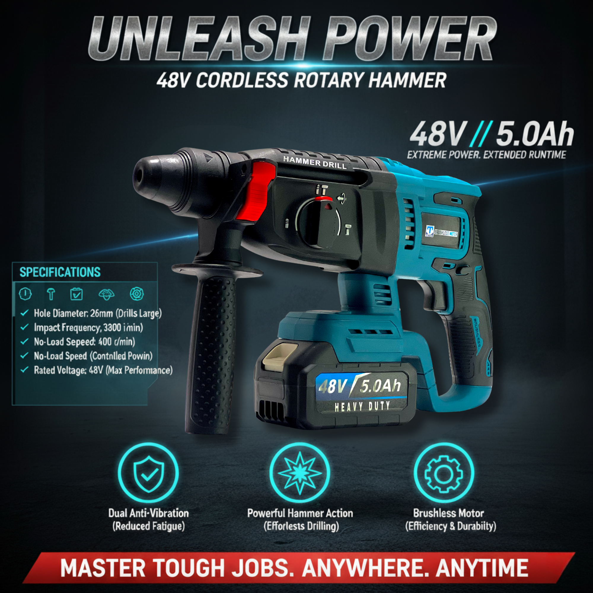 THOR 4-Tool Cordless Power Tool Combo Kit, 10mm Drill, Angle Grinder, 1/2-inch Impact Wrench, Rotary Hammer, 3x 5.0Ah Batteries, Fast Charger, Brushless Motors, BMC Box, High Quality