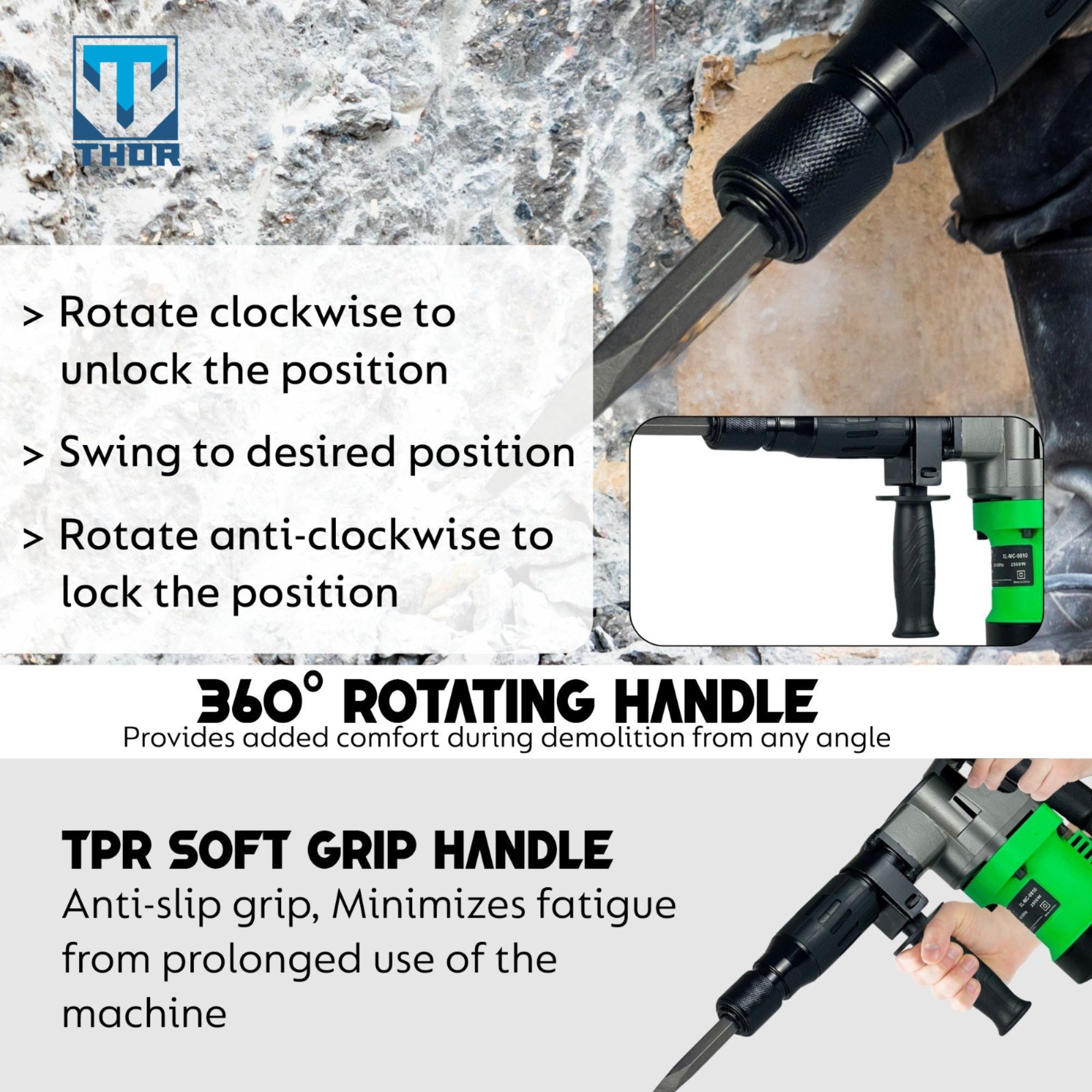 THOR 5KG Demolition Hammer THDH37 - 2000W Electric Breaker for Concrete Breaking & Demolition