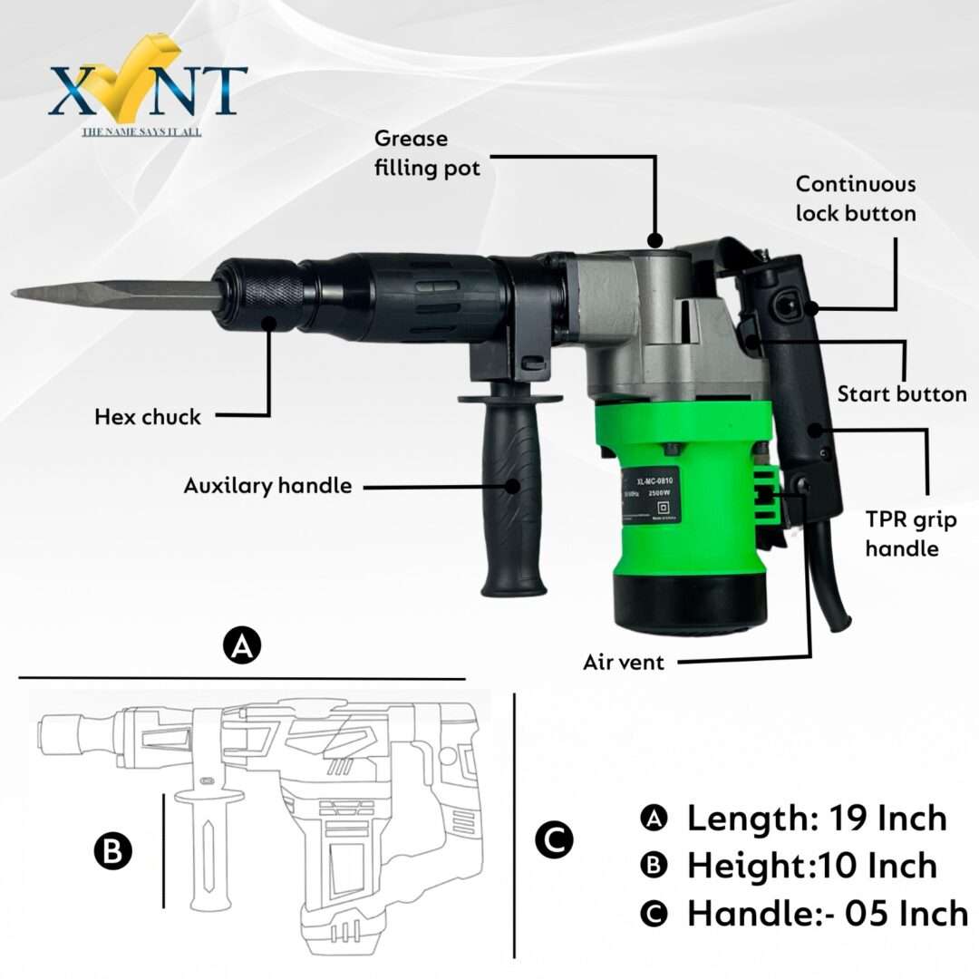 XLNT ELECTRIC DEMOLITION HAMMER WITH HEX, 1000W, 850 RPM , 5KG BREAKER , LOW VIBRATION + 1 POINTED HEX CHISEL , 50HZ , CARRYING CASE XT 0810 - Image 2