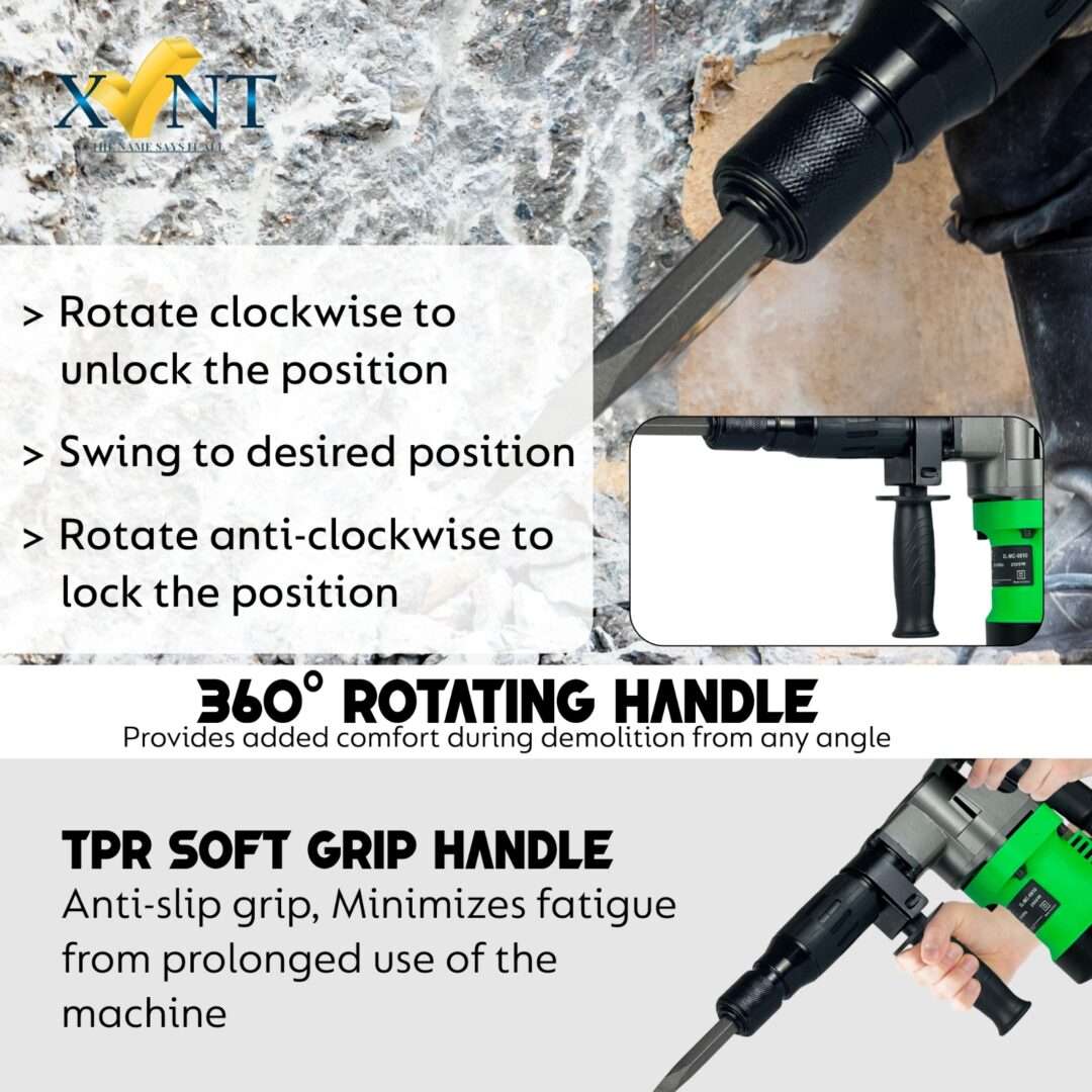 XLNT ELECTRIC DEMOLITION HAMMER WITH HEX, 1000W, 850 RPM , 5KG BREAKER , LOW VIBRATION + 1 POINTED HEX CHISEL , 50HZ , CARRYING CASE XT 0810 - Image 5