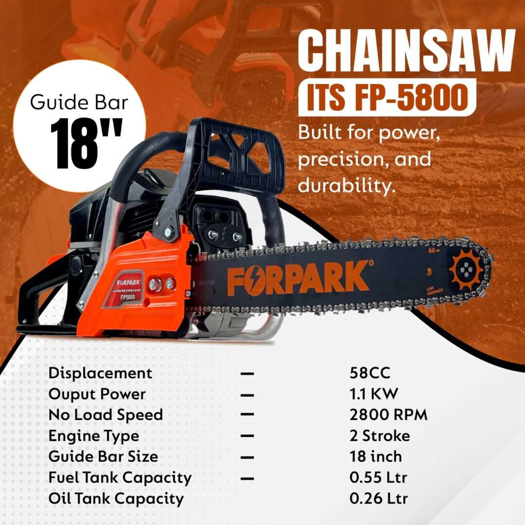 FORPARK  58CC GASOLINE CHAINSAW | 1.1KW HEAVY-DUTY PETROL CHAIN SAW WITH 18" BLADE | POWERFUL FUEL CHAINSAW FOR CUTTING, LOGGING & TREE FELLING(FP 5800) - Image 2