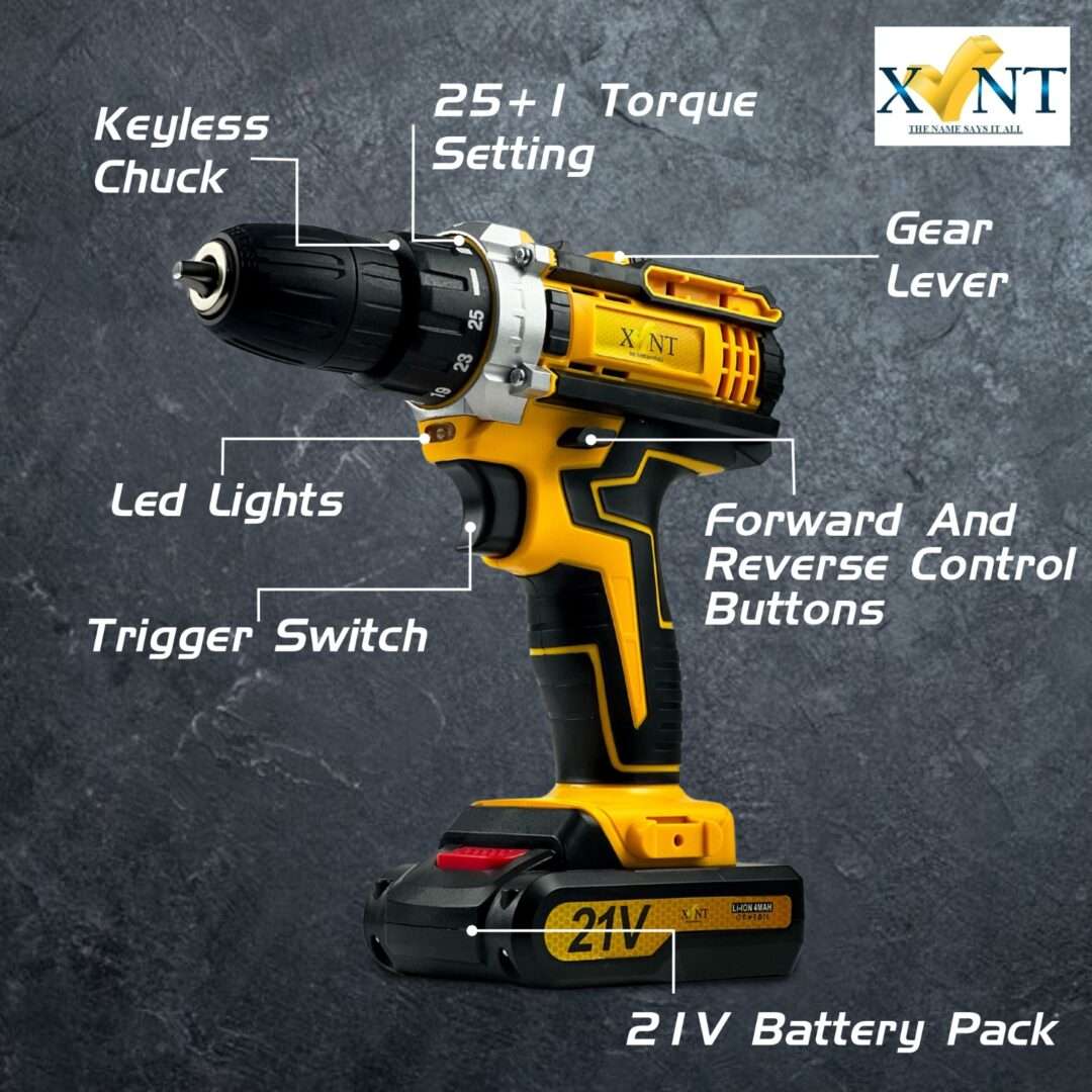 XLNT CORDLESS DRILL, 12V LITHIUM-ION BATTERY, 2 SPEED SETTINGS 350-1350, 25+1 TORQUE, FLEXIBLE SHAFT, COMPLETE ACCESSORY KIT XTCDS-127 - Image 3